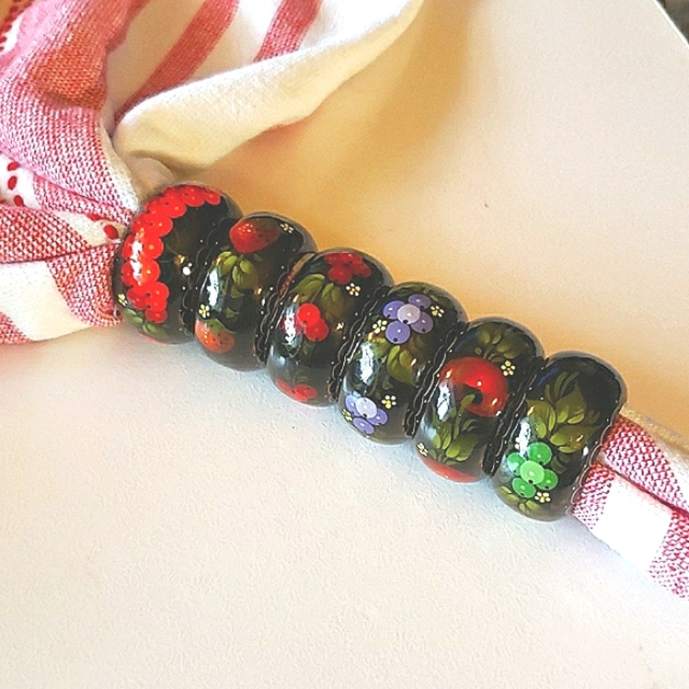 Vintage Handpainted Fruit Embellished Russian Napkin Ring Holders ~set of 6